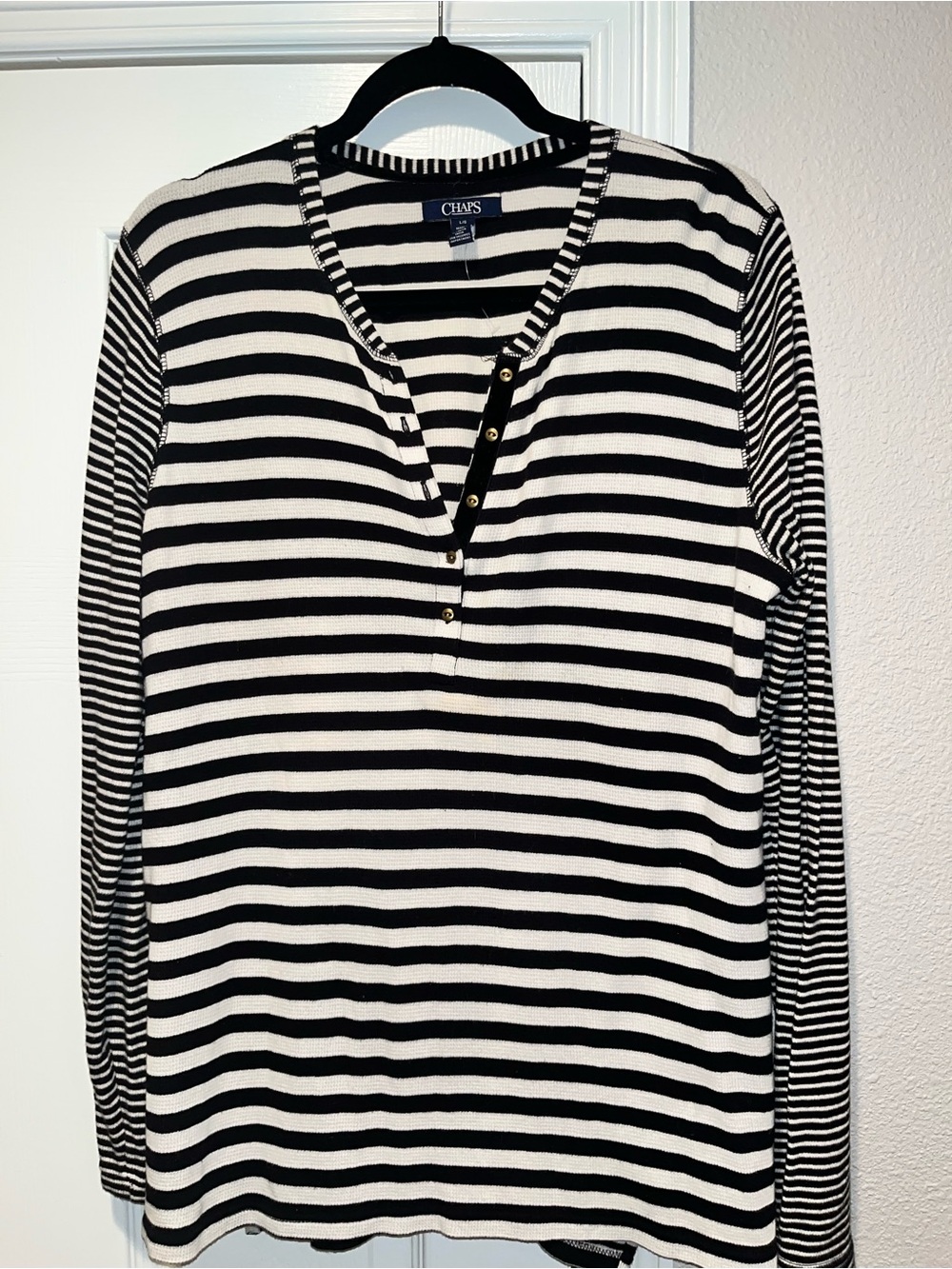 Chaps Black and White Striped Long-Sleeve Henley